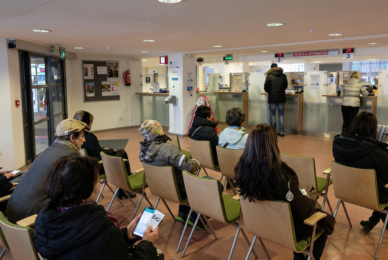 Person waiting in a busy public service area